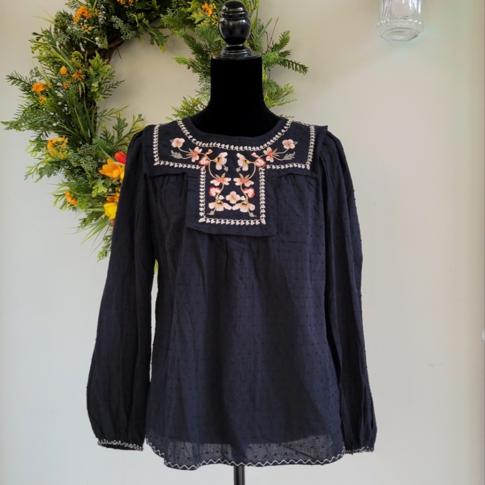 Max Studio Loose Black Embroidered Crew Neck Boho Top Blouse M